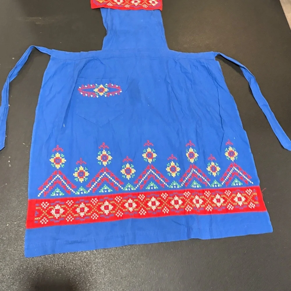 Vintage Blue Embroidered Apron Folk Art Cross Stitch Cotton Pocket Cottagecore